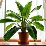 **

A brightly lit indoor space featuring a healthy banana tree in a pot near a window with sheer curtains. Focus on the vibrant green leaves and the overall feeling of a thriving plant in a cozy home environment. Soft, diffused sunlight should be visible.

**