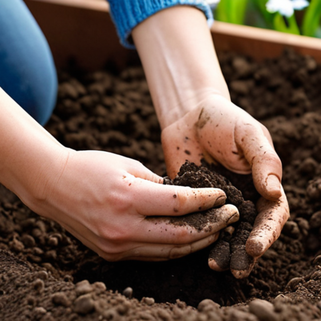 **

A close-up shot of hands working with soil in a garden during spring. The hands are mixing organic fertilizer into the soil. Focus on the texture of the soil and the feeling of early spring. Soft, diffused lighting. Include small sprouts emerging from the ground.

**
