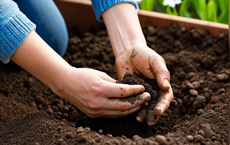 **

A close-up shot of hands working with soil in a garden during spring. The hands are mixing organic fertilizer into the soil. Focus on the texture of the soil and the feeling of early spring. Soft, diffused lighting. Include small sprouts emerging from the ground.

**