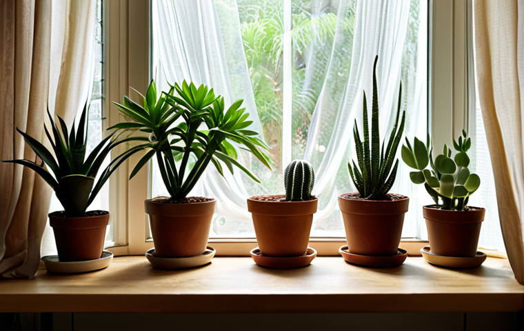 **

*   **Prompt:** A collection of potted plants, some succulents and some tropical, arranged on a table in front of a window with sheer curtains. Focus on showing the different watering needs of each plant type, with some plants lightly watered and others heavily watered.

**