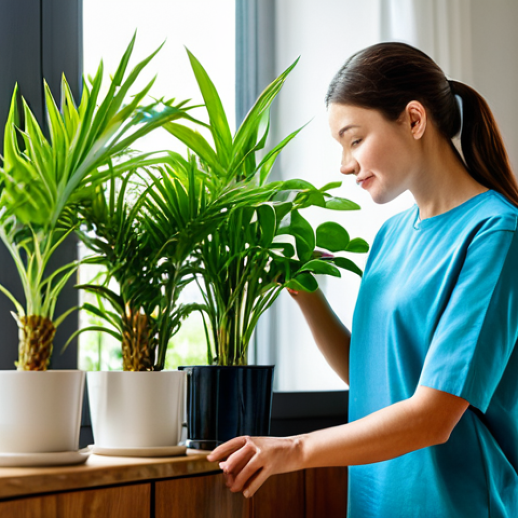 A professional-looking individual in modest, appropriate attire, carefully tending to lush, healthy houseplants in a brightly lit, well-ventilated modern living room. Sunlight streams through large windows, highlighting the vibrant green foliage. The person is gently checking the soil of a potted plant, ensuring a clean and pest-free environment. fully clothed, appropriate attire, safe for work, perfect anatomy, correct proportions, natural pose, well-formed hands, proper finger count, natural body proportions, professional photography, high quality, family-friendly.