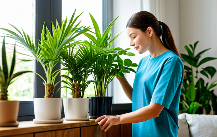 A professional-looking individual in modest, appropriate attire, carefully tending to lush, healthy houseplants in a brightly lit, well-ventilated modern living room. Sunlight streams through large windows, highlighting the vibrant green foliage. The person is gently checking the soil of a potted plant, ensuring a clean and pest-free environment. fully clothed, appropriate attire, safe for work, perfect anatomy, correct proportions, natural pose, well-formed hands, proper finger count, natural body proportions, professional photography, high quality, family-friendly.
