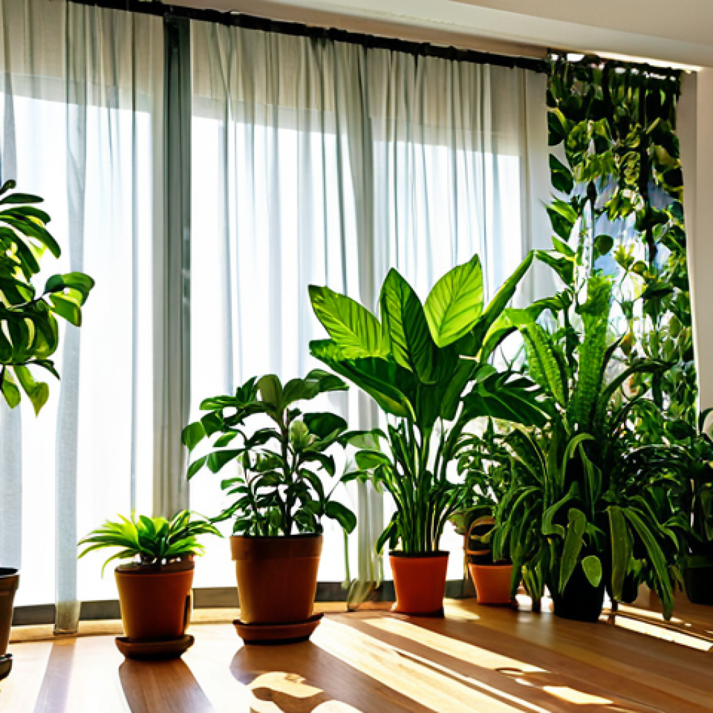 Indoor Plant Protection**
"A brightly lit indoor scene showcasing a variety of potted plants (safe for work, appropriate content, fully clothed). Some plants are shielded by sheer lace curtains, while others are placed slightly away from direct sunlight. A small circulating fan gently blows air. The plants are vibrant and healthy. professional, modest, family-friendly, perfect anatomy, correct proportions, natural pose, well-formed leaves, proper leaf count, natural plant proportions."
**