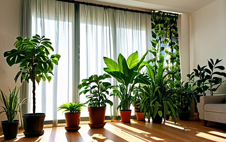 Indoor Plant Protection**

"A brightly lit indoor scene showcasing a variety of potted plants (safe for work, appropriate content, fully clothed). Some plants are shielded by sheer lace curtains, while others are placed slightly away from direct sunlight. A small circulating fan gently blows air. The plants are vibrant and healthy. professional, modest, family-friendly, perfect anatomy, correct proportions, natural pose, well-formed leaves, proper leaf count, natural plant proportions."

**
