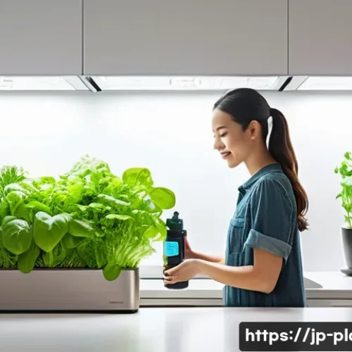 수경재배 화분 추천 - A bright and airy modern kitchen features a sleek, minimalist countertop hydroponics garden. Lush, v...