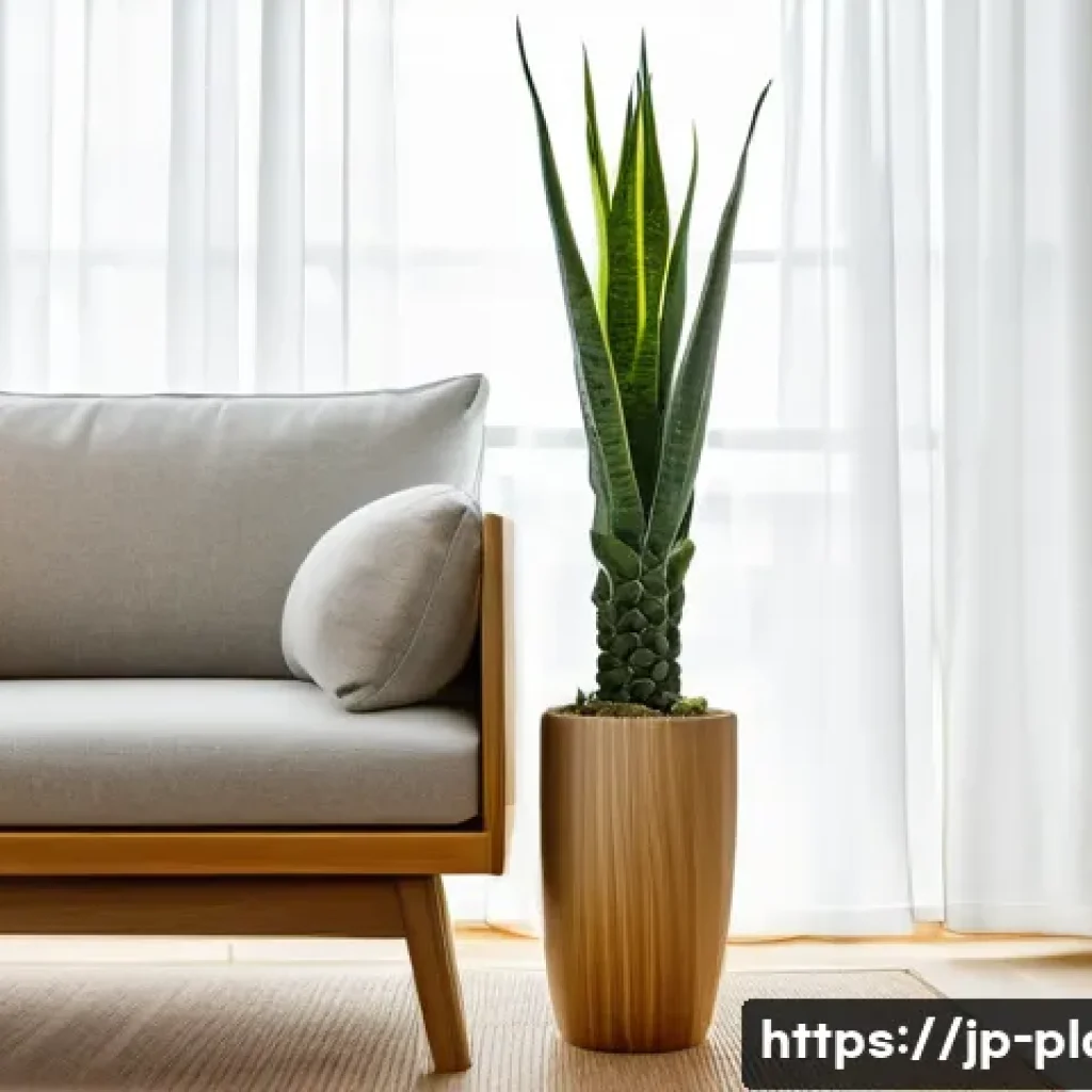 산세베리아 공기정화 효과 - A modern Japanese-style living room featuring a stylish Sansevieria plant with sharp, upright leaves...