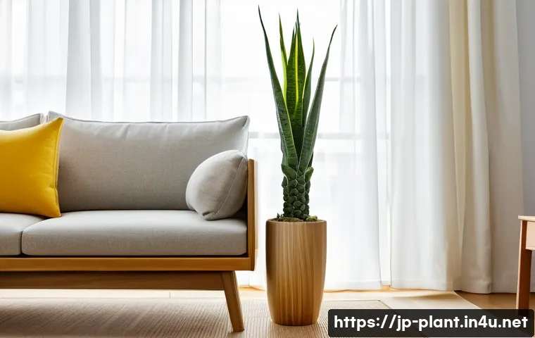산세베리아 공기정화 효과 - A modern Japanese-style living room featuring a stylish Sansevieria plant with sharp, upright leaves...