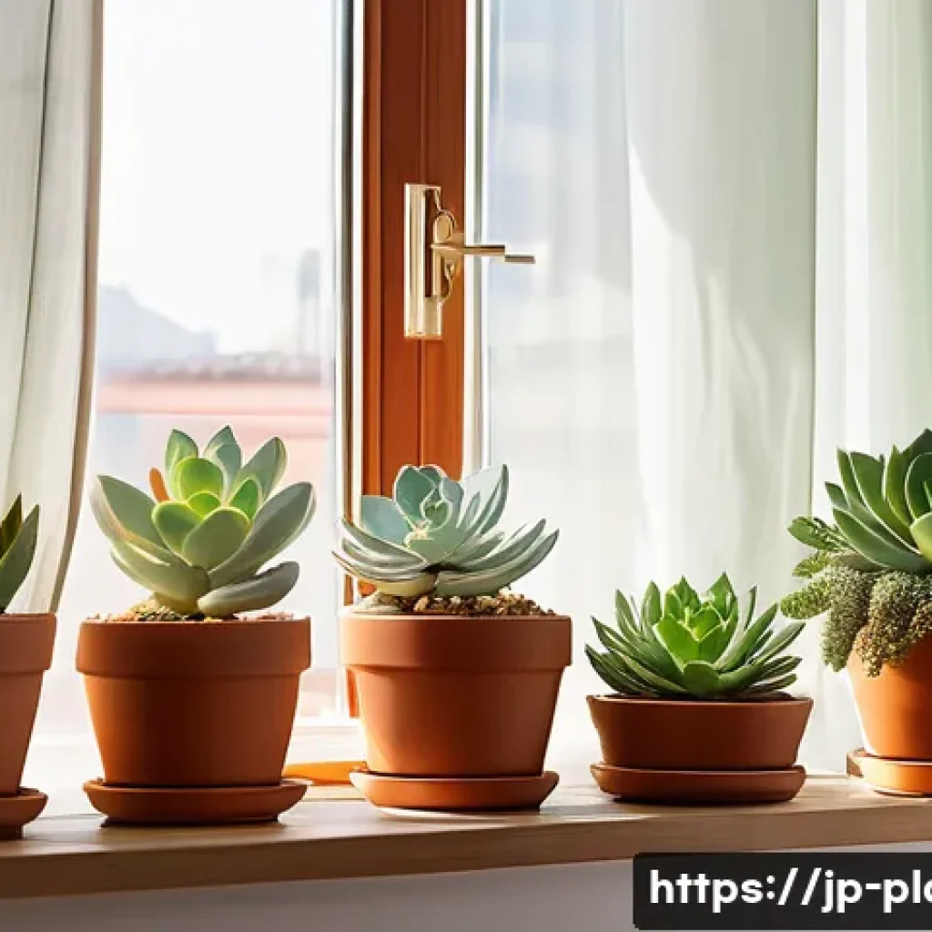 초보자를 위한 다육식물 키우기 - A bright indoor windowsill scene featuring a variety of healthy succulent plants including Echeveria...
