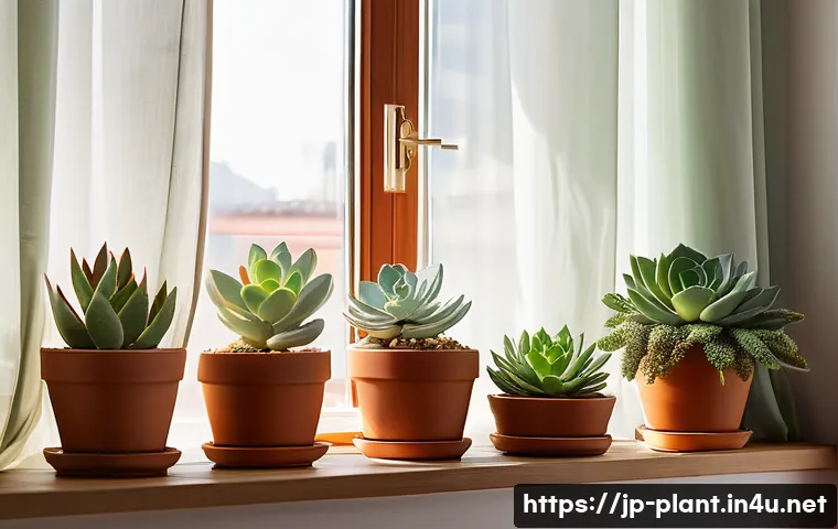 초보자를 위한 다육식물 키우기 - A bright indoor windowsill scene featuring a variety of healthy succulent plants including Echeveria...