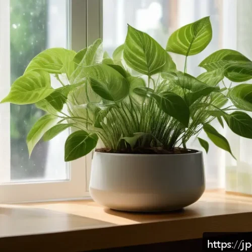 무늬종 식물 키우는 요령 - A bright indoor setting near a window with soft morning sunlight filtering through a sheer curtain, ...