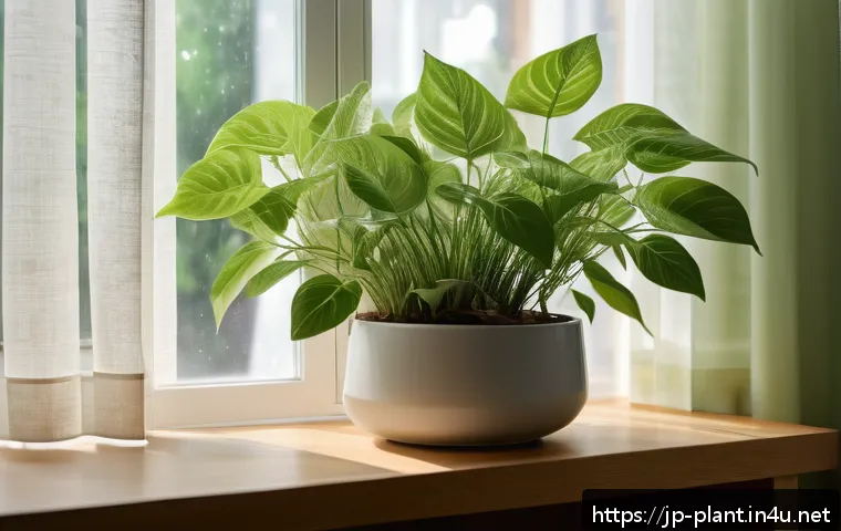무늬종 식물 키우는 요령 - A bright indoor setting near a window with soft morning sunlight filtering through a sheer curtain, ...