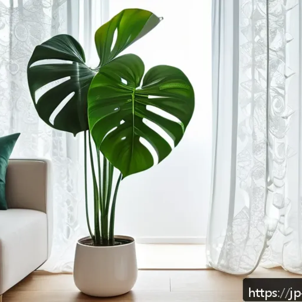 꽃이 오래가는 식물 추천 - A cozy modern living room interior with a large Monstera plant in a white ceramic pot near a window ...