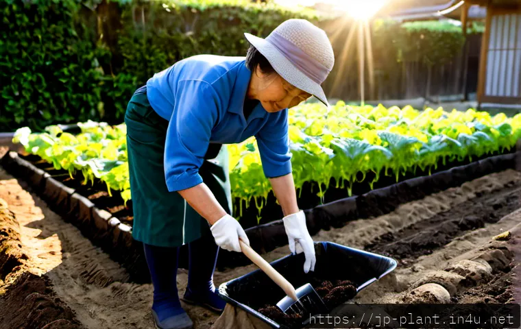 텃밭 가꾸기 초보자 팁 - Photorealistic beginner vegetable garden in a tidy Japanese backyard, an older Japanese woman wearin...