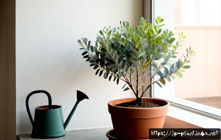 유칼립투스 키우기 및 활용법 - Photorealistic close-up of a healthy potted eucalyptus plant on a bright Japanese apartment windowsi...