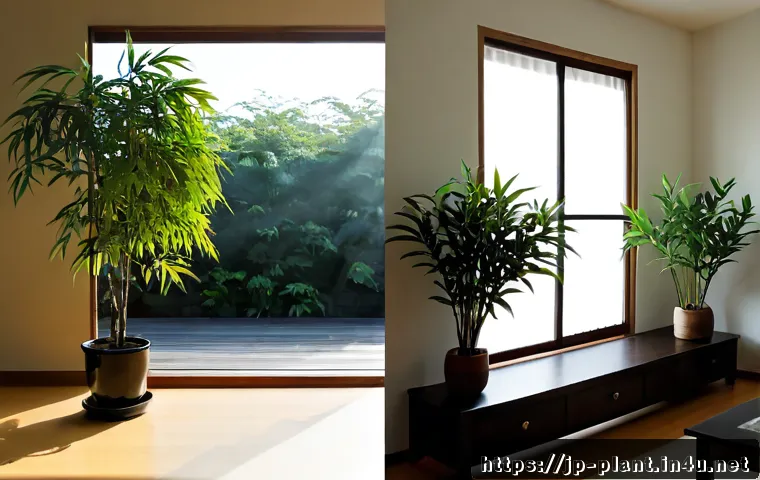 공기정화식물 효과 비교 - Photorealistic split-scene comparison of a bright Japanese-style living room, left side with several...